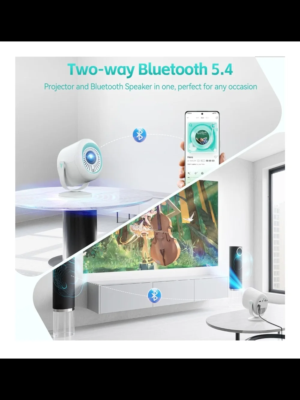 White Mini Projector for Home Theater - Portable Wireless Bluetooth